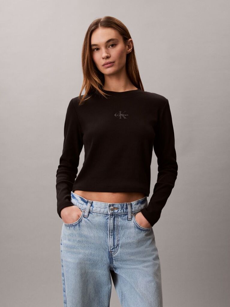 Black Monogram Logo Long Sleeve Baby Tee  Women