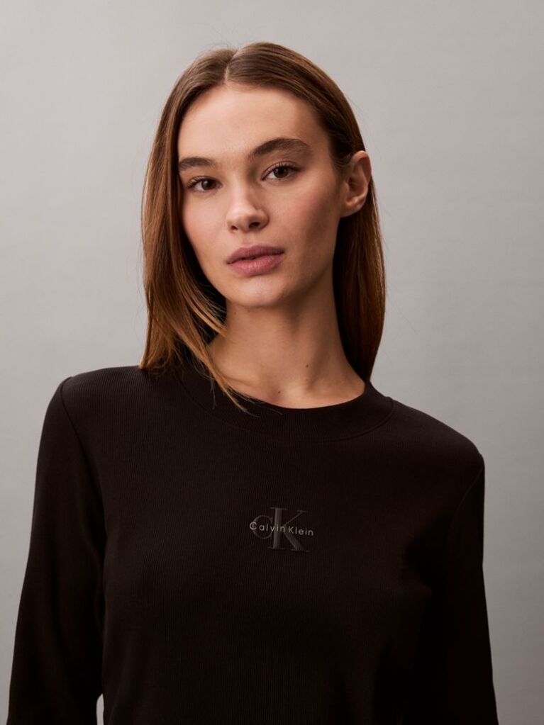 Black Monogram Logo Long Sleeve Baby Tee  Women