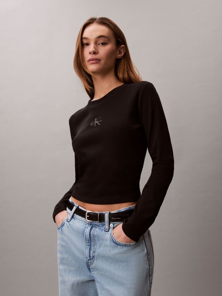 Black Monogram Logo Long Sleeve Baby Tee  Women