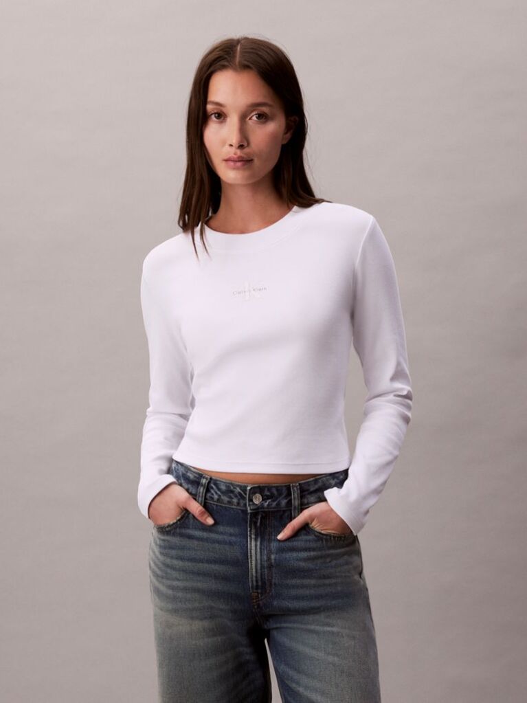 White Monogram Logo Long Sleeve Baby Tee  Women