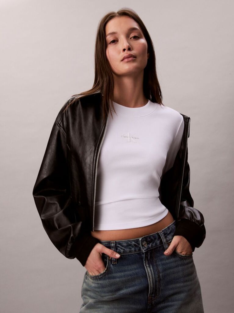 White Monogram Logo Long Sleeve Baby Tee  Women