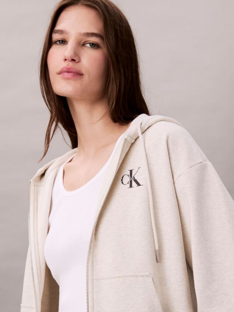 Beige Monogram Zip Up Hoodie  Women