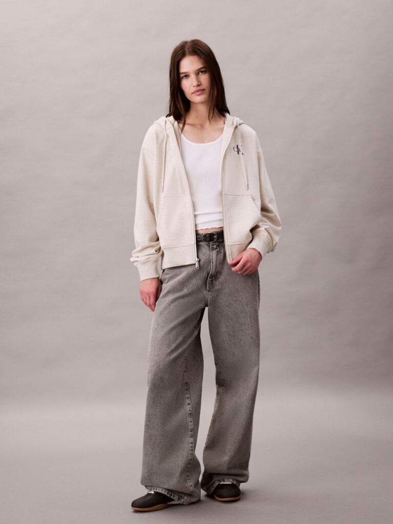 Beige Monogram Zip Up Hoodie  Women