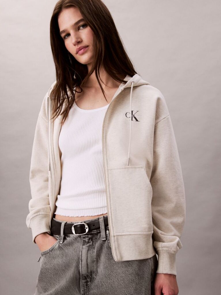 Beige Monogram Zip Up Hoodie  Women
