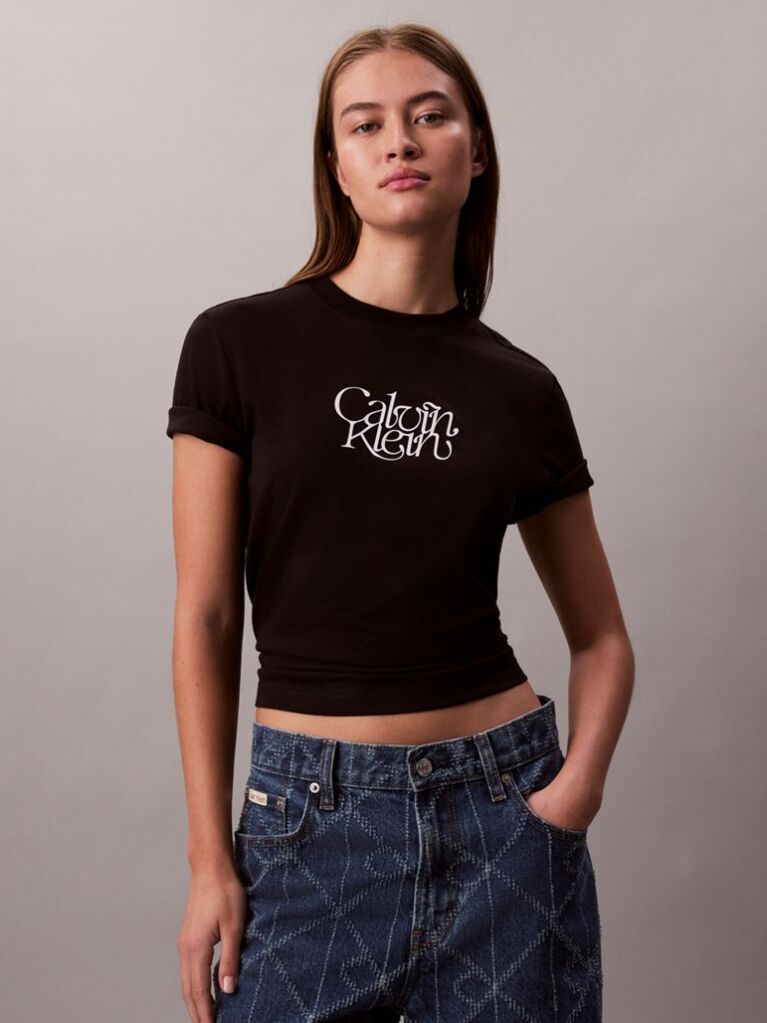 Black Script Logo Graphic Slim T-Shirt  Women