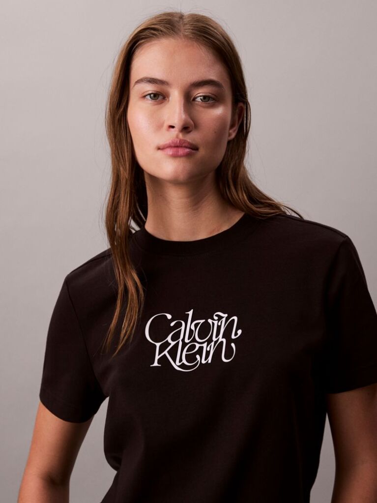 Black Script Logo Graphic Slim T-Shirt  Women