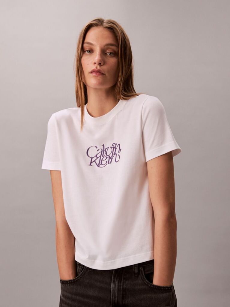 White Script Logo Graphic Slim T-Shirt  Women