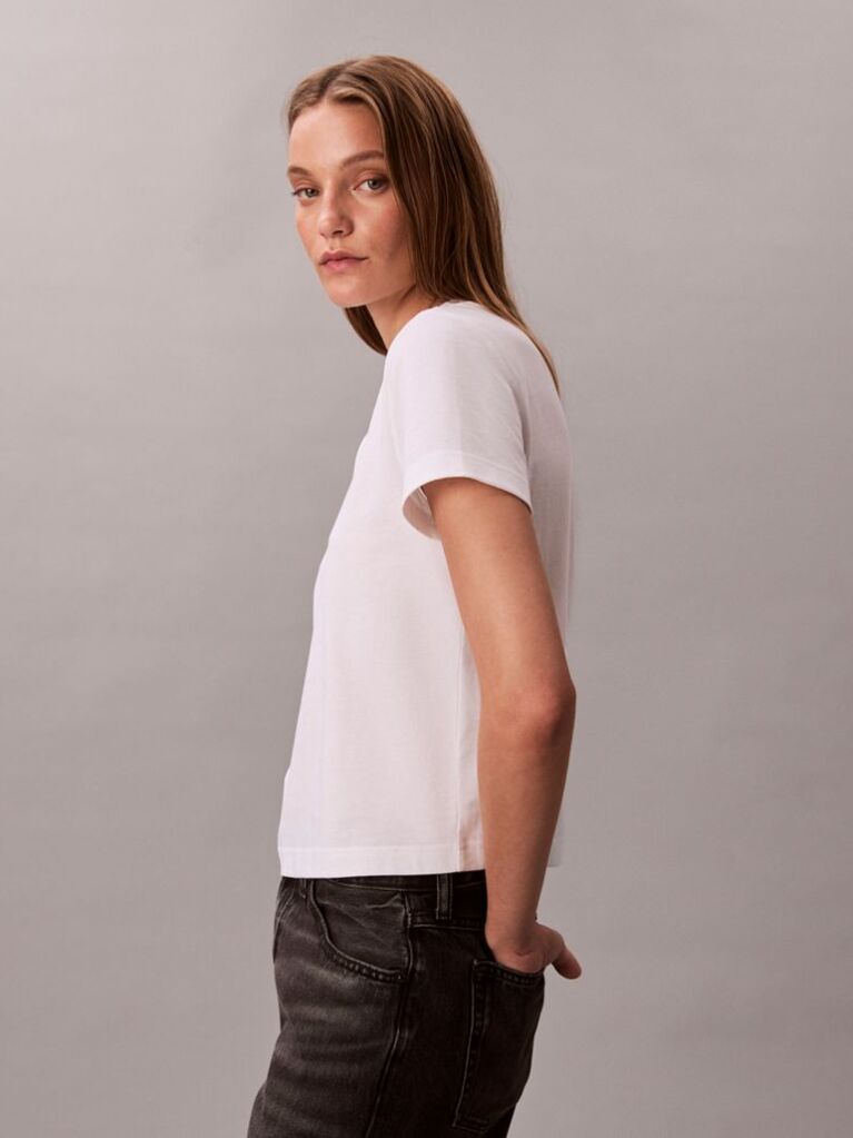 White Script Logo Graphic Slim T-Shirt  Women