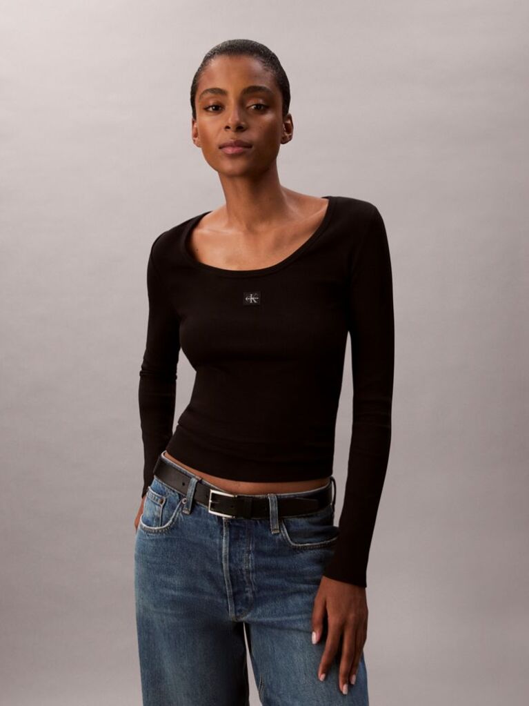 Black Ribbed Cotton Long Sleeve Top  Women