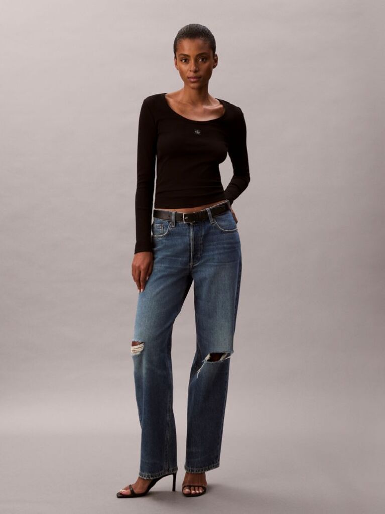 Black Ribbed Cotton Long Sleeve Top  Women