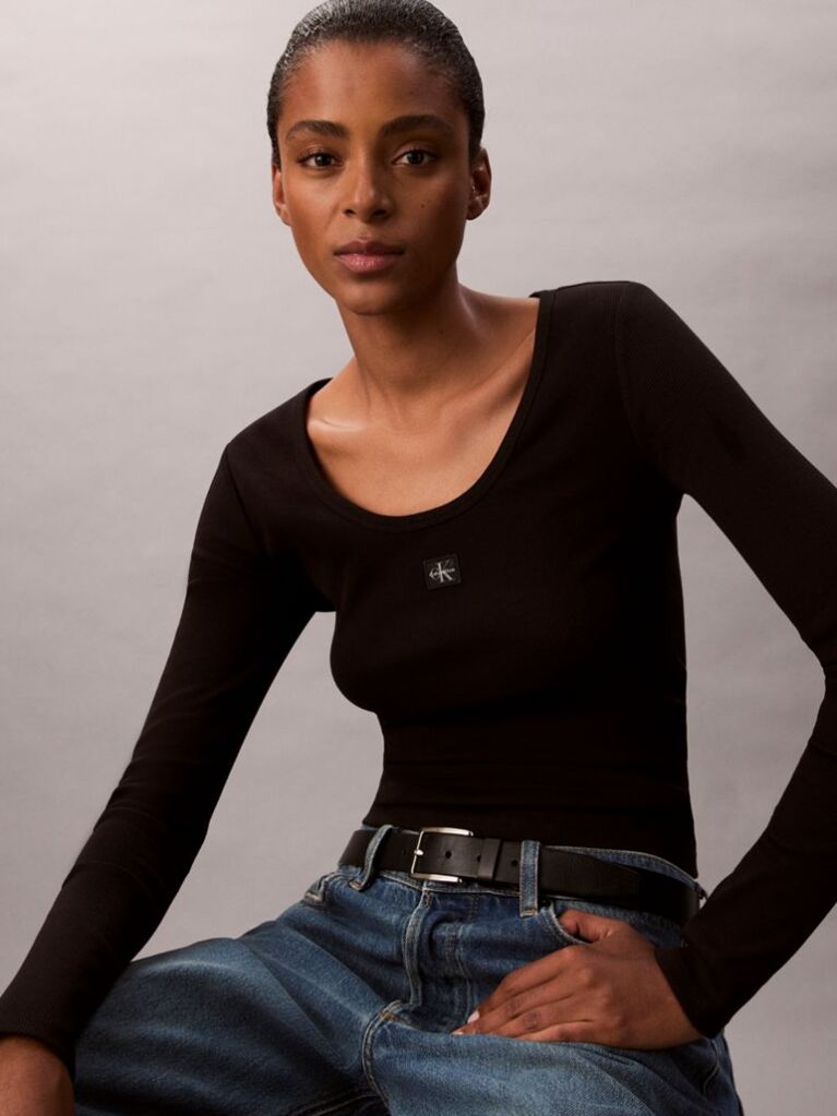 Black Ribbed Cotton Long Sleeve Top  Women