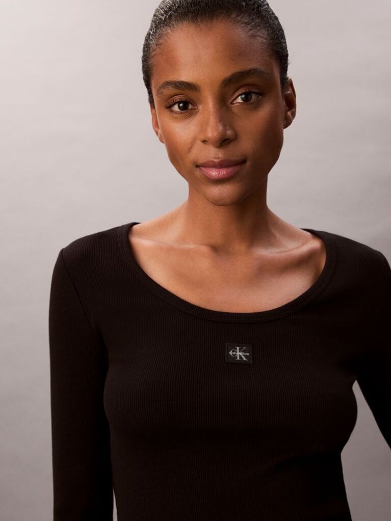 Black Ribbed Cotton Long Sleeve Top  Women