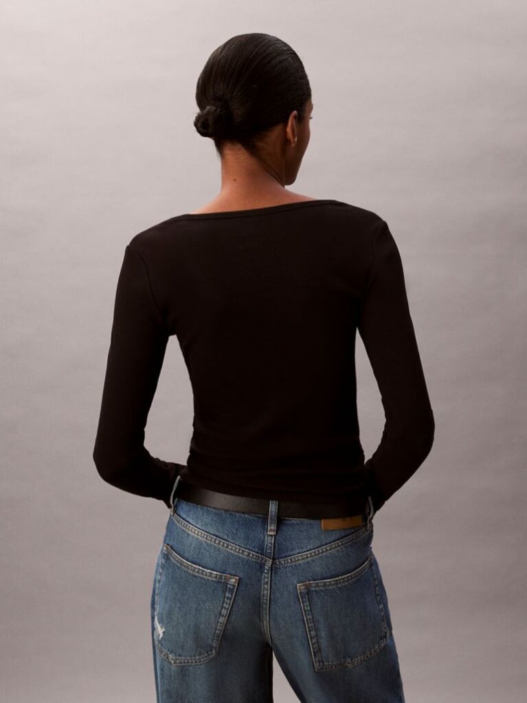 Black Ribbed Cotton Long Sleeve Top  Women