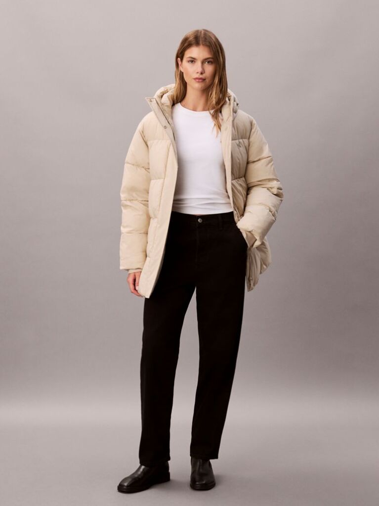 Beige Logo Belt Hooded Puffer Jacket  Women