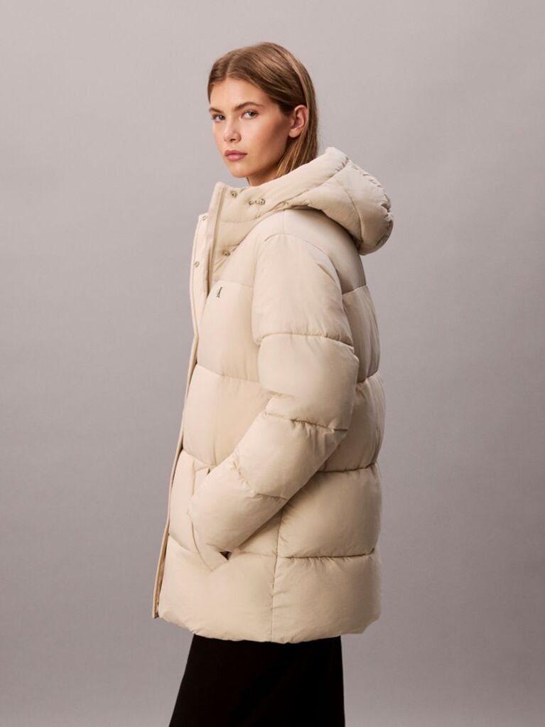 Beige Logo Belt Hooded Puffer Jacket  Women
