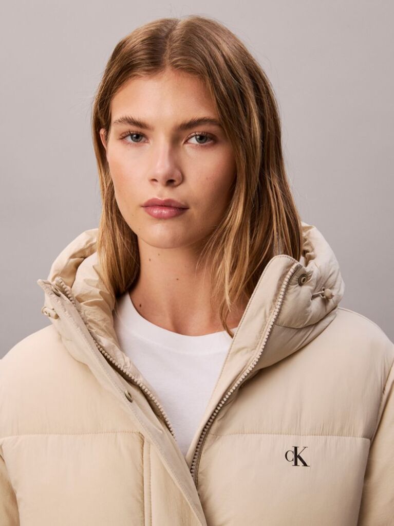 Beige Logo Belt Hooded Puffer Jacket  Women