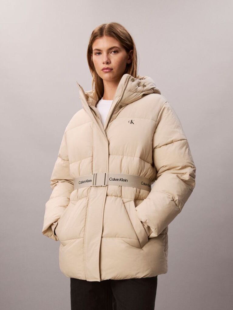 Beige Logo Belt Hooded Puffer Jacket  Women