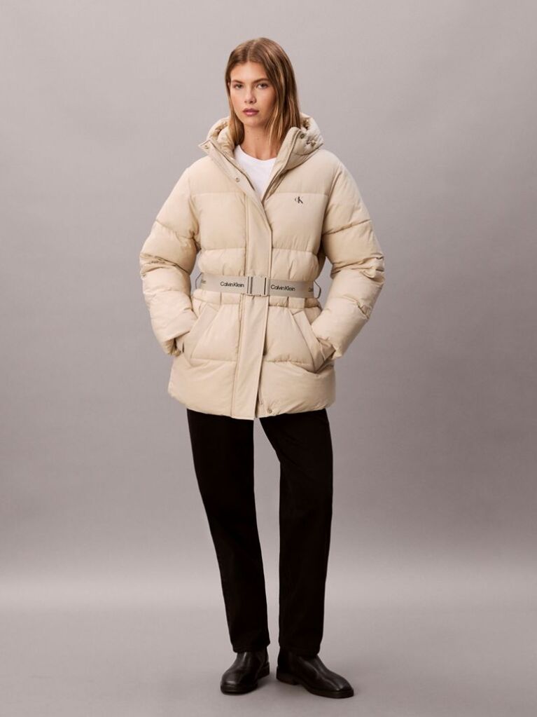 Beige Logo Belt Hooded Puffer Jacket  Women