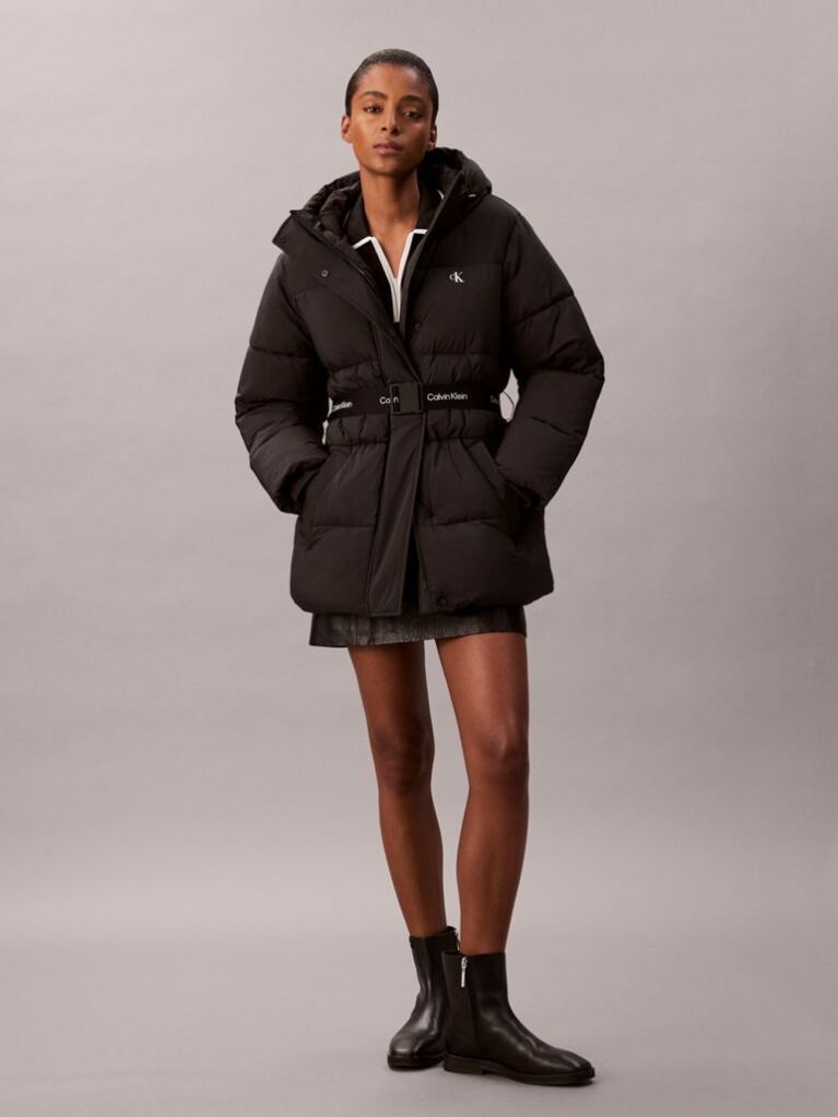 Black Logo Belt Hooded Puffer Jacket  Women