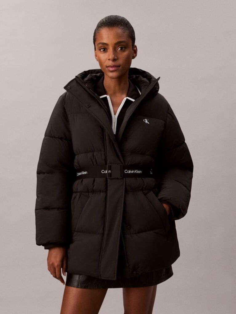 Black Logo Belt Hooded Puffer Jacket  Women