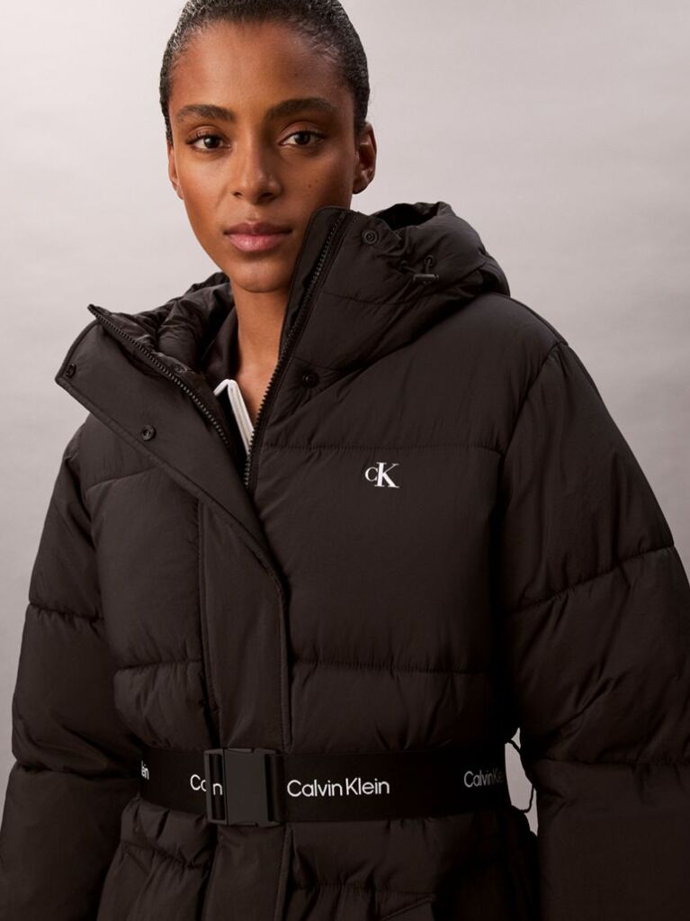Black Logo Belt Hooded Puffer Jacket  Women