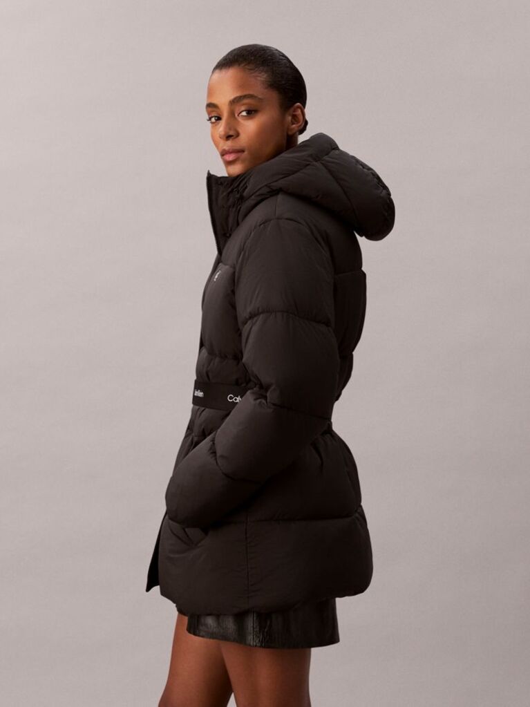 Black Logo Belt Hooded Puffer Jacket  Women