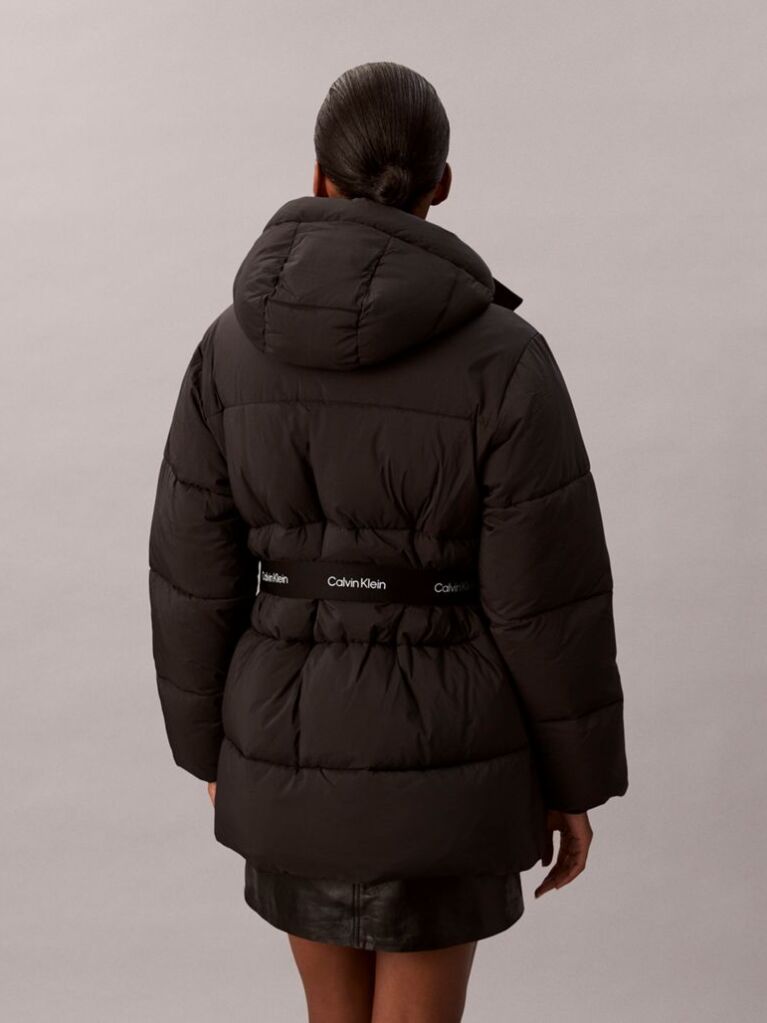 Black Logo Belt Hooded Puffer Jacket  Women