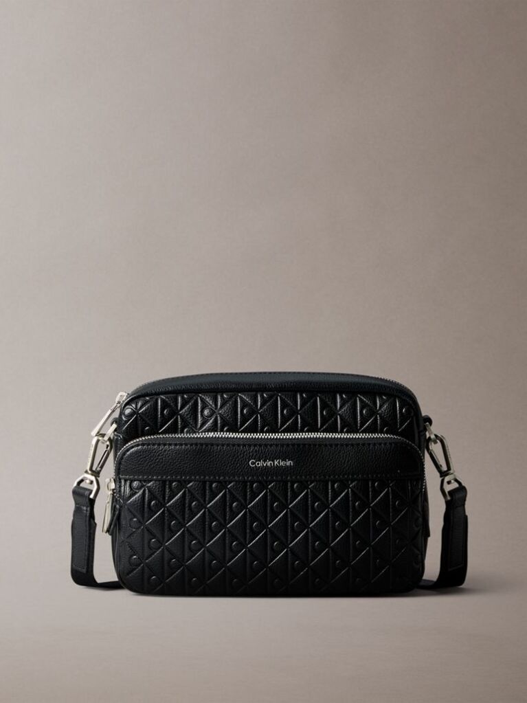 Black Embossed Emblem Logo Camera Bag  Men