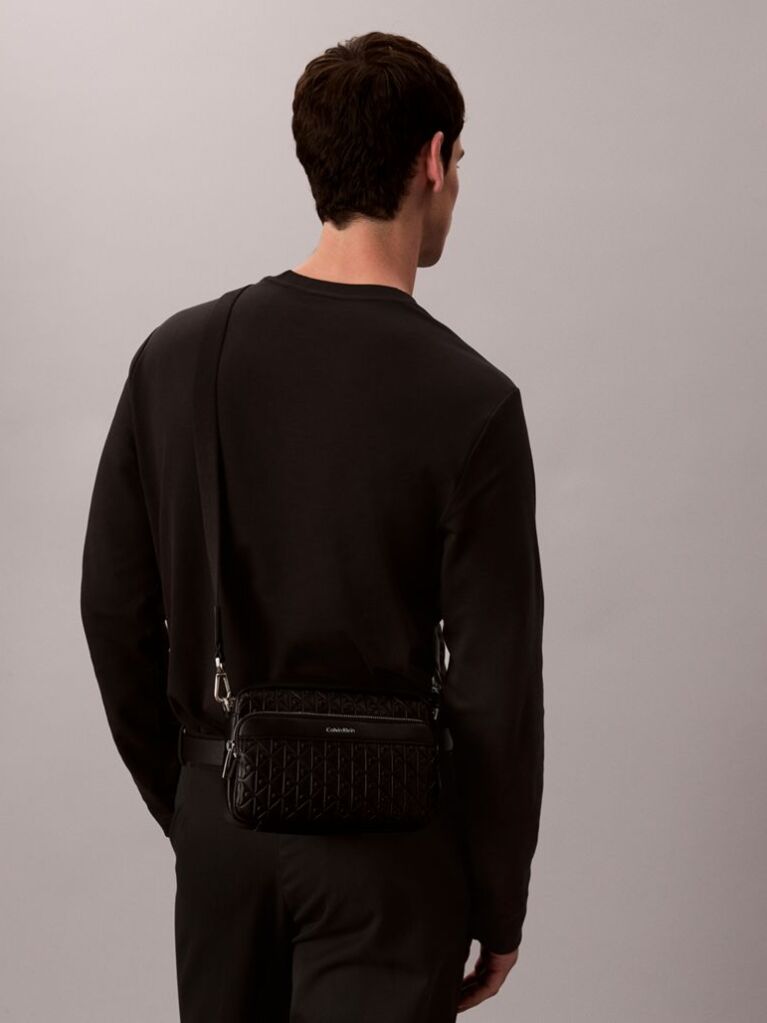 Black Embossed Emblem Logo Camera Bag  Men