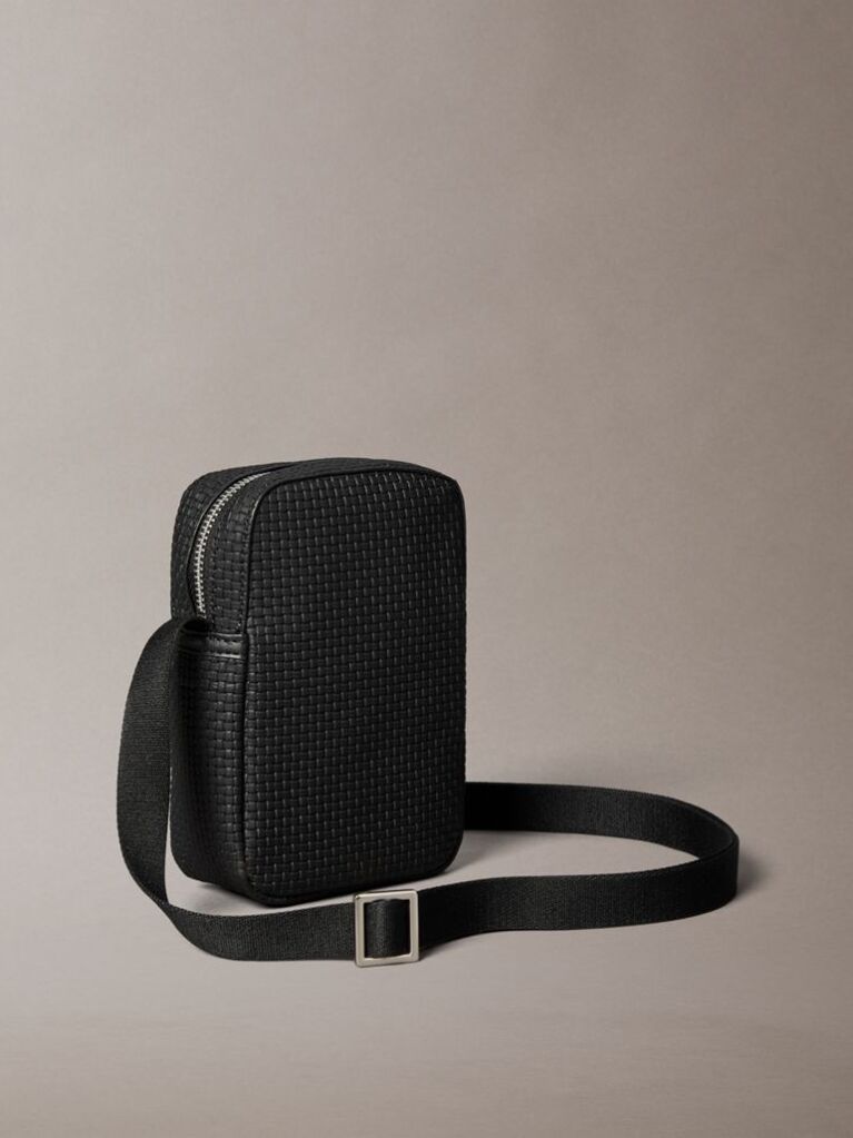 Black Embossed Woven Slim Reporter Bag  Men