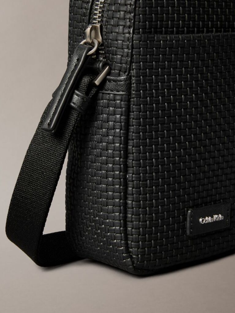 Black Embossed Woven Slim Reporter Bag  Men