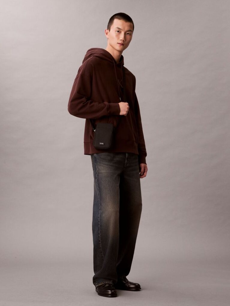 Black Embossed Woven Slim Reporter Bag  Men
