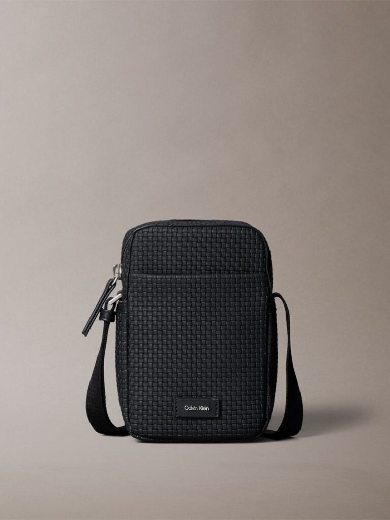 Black Embossed Woven Slim Reporter Bag  Men