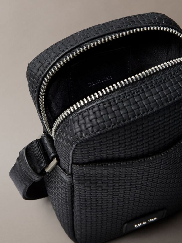 Black Embossed Woven Slim Reporter Bag  Men