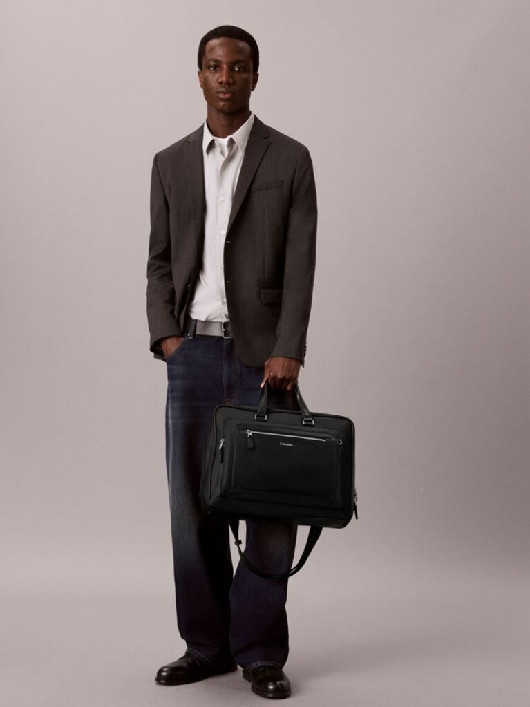 Black Raised Logo Slim Commuter Bag  Men