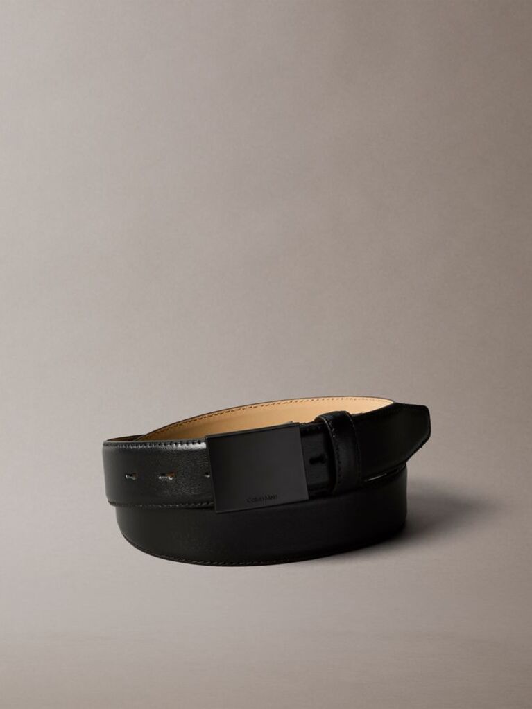 Black Full Grain Leather Plaque Buckle Belt  Men