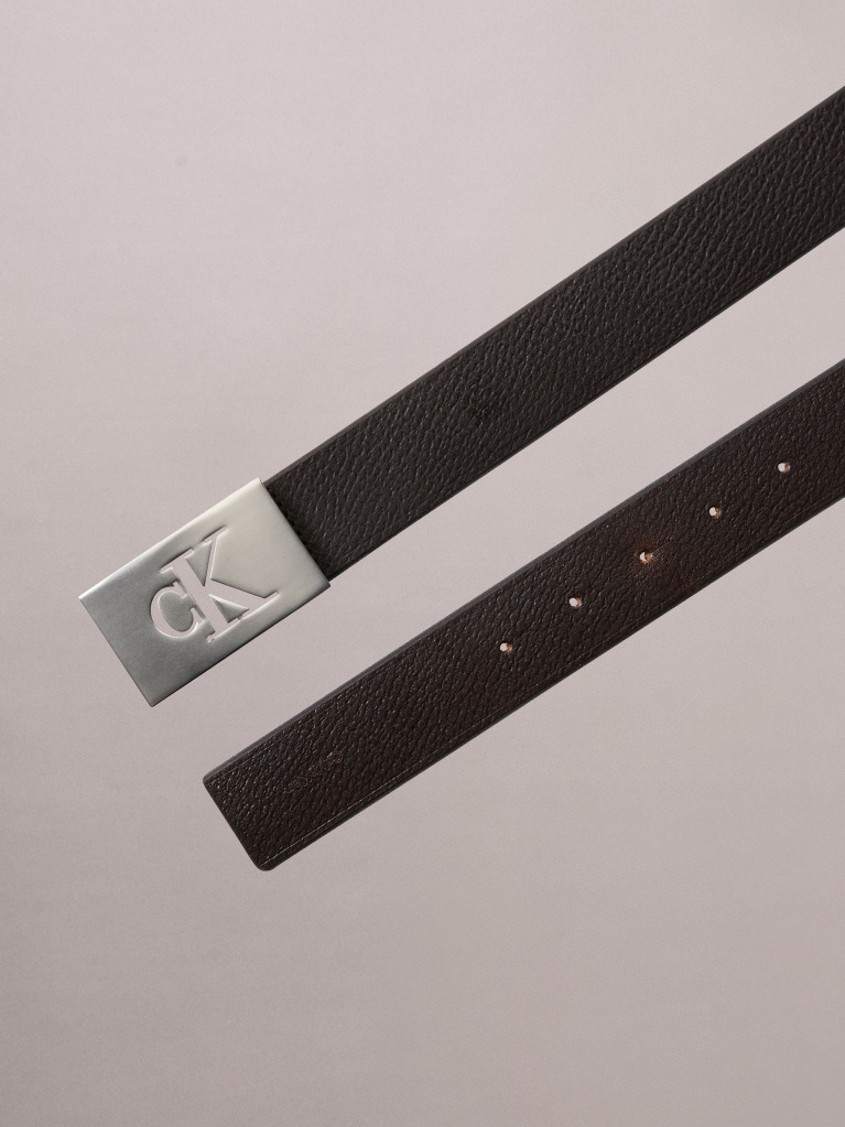 Brown Monogram Plaque Pebble Grain Leather Belt  Men