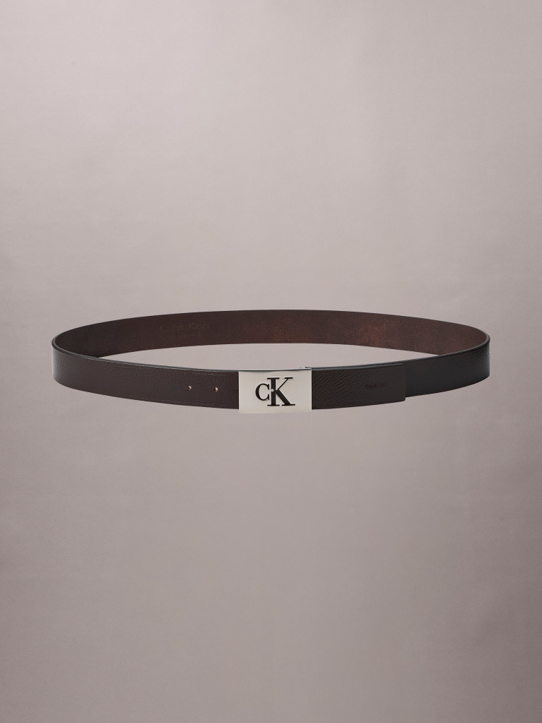 Brown Monogram Plaque Pebble Grain Leather Belt  Men