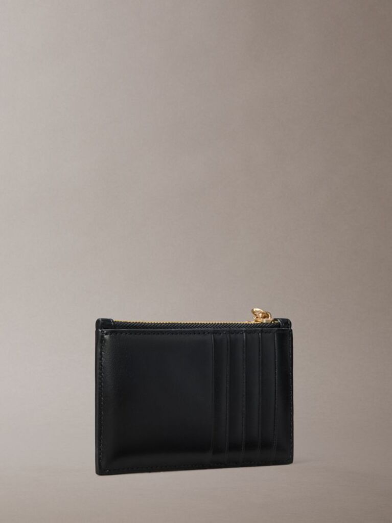 Black Leather Zip Card Holder  Women