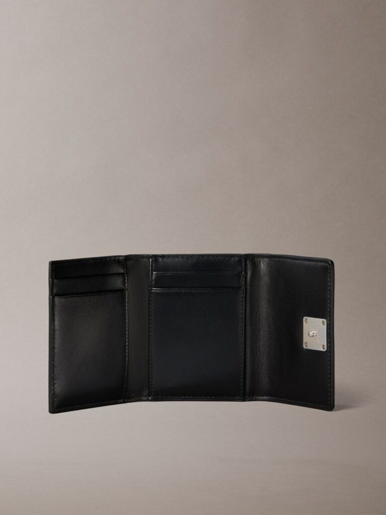Black Monogram Logo Emblem Leather Trifold Wallet  Women