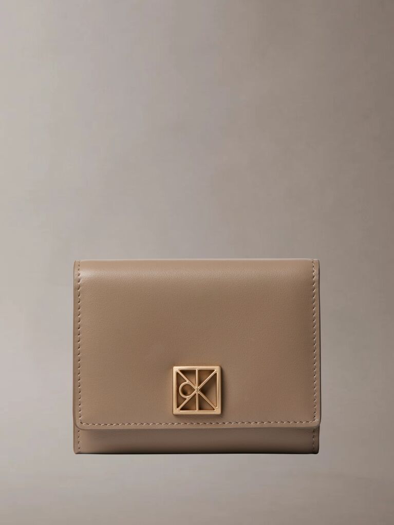 Beige Monogram Logo Emblem Leather Trifold Wallet  Women