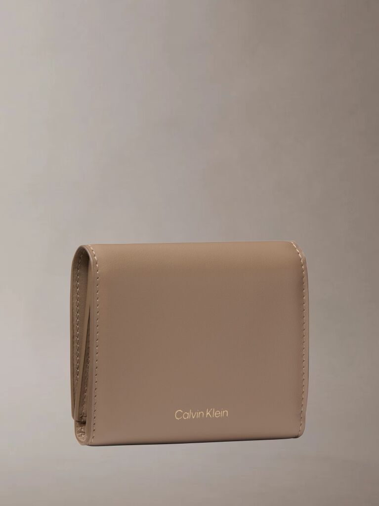 Beige Monogram Logo Emblem Leather Trifold Wallet  Women