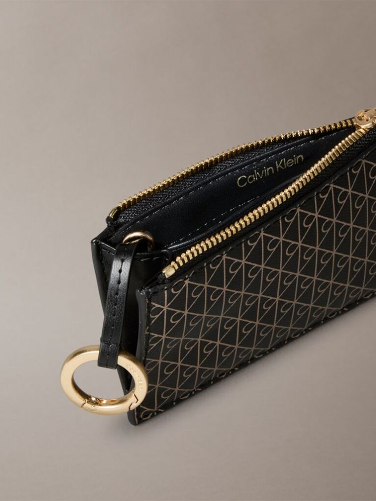 Black Monogram Logo Top Zip Card Holder  Women