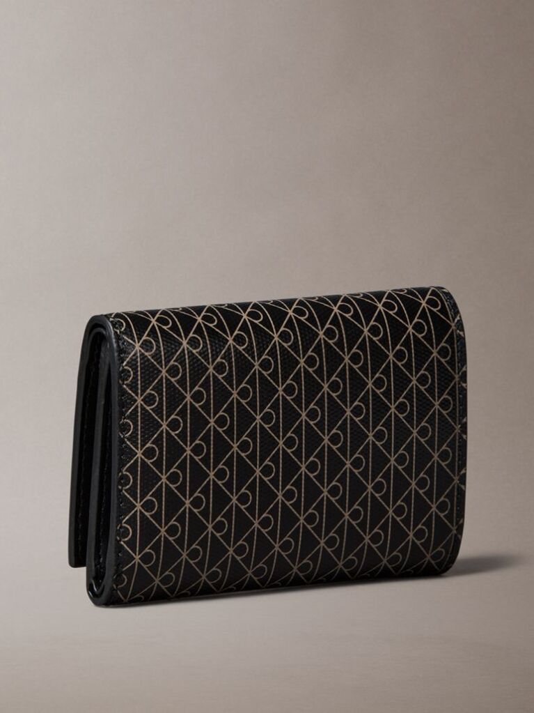 Black Embossed Allover Monogram Trifold Cardholder  Women