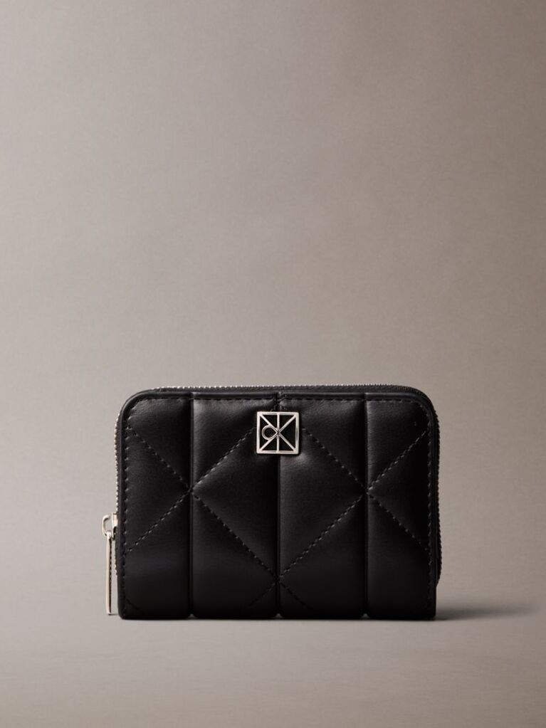 Black Quilted Emblem Logo Flap Zip-Around Wallet  Women