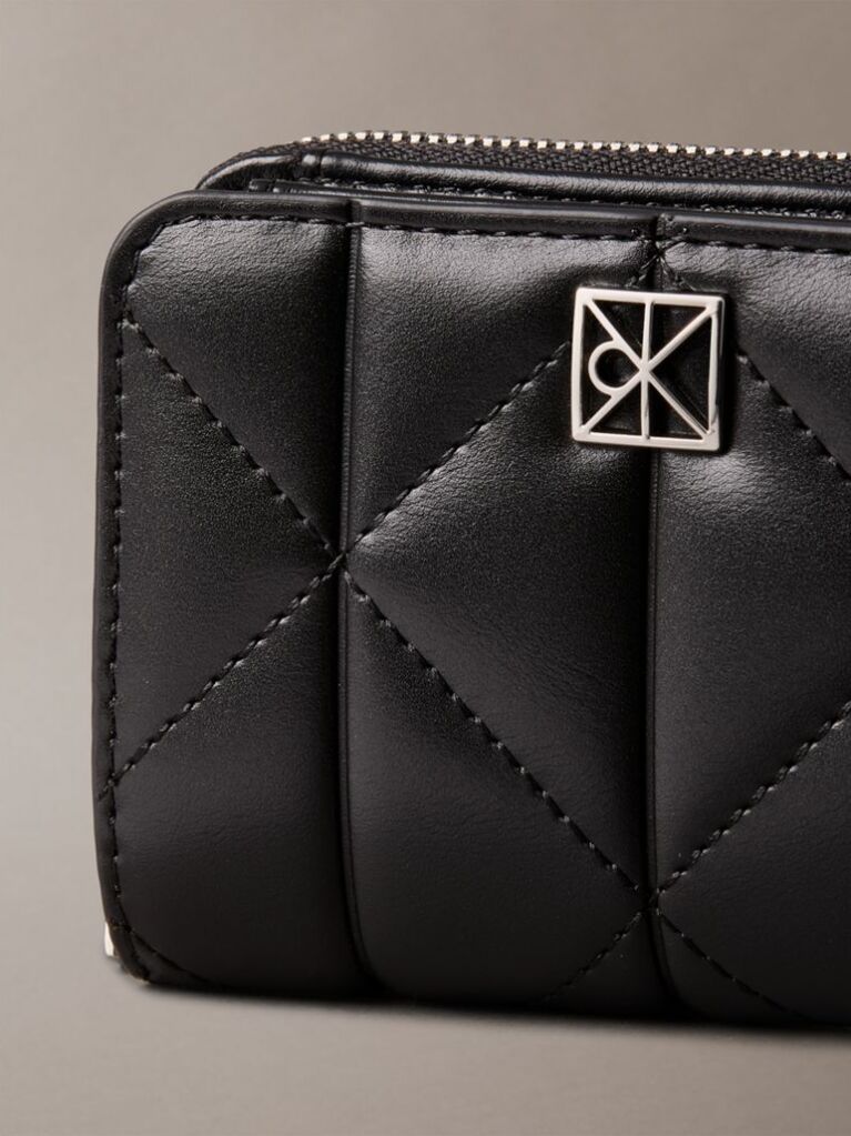 Black Quilted Emblem Logo Flap Zip-Around Wallet  Women