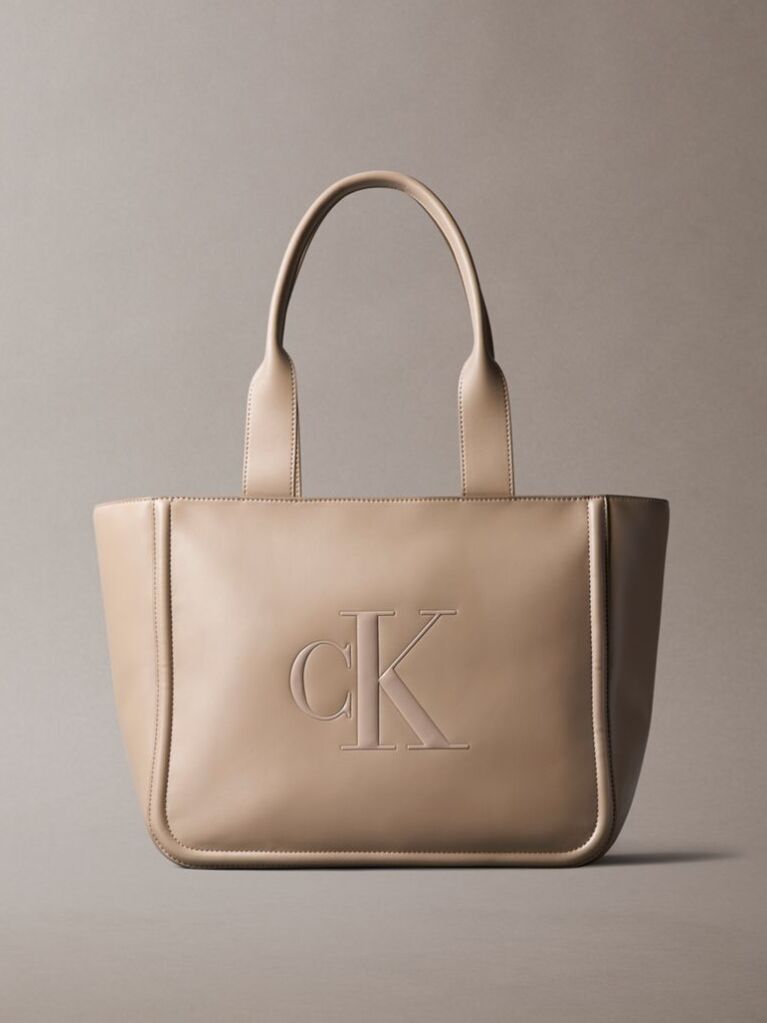 Beige Embossed Monogram Logo Tote Bag  Women