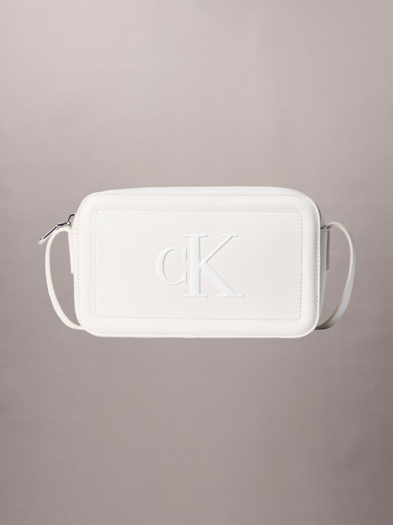 White Embossed Monogram Logo Camera Bag  Women