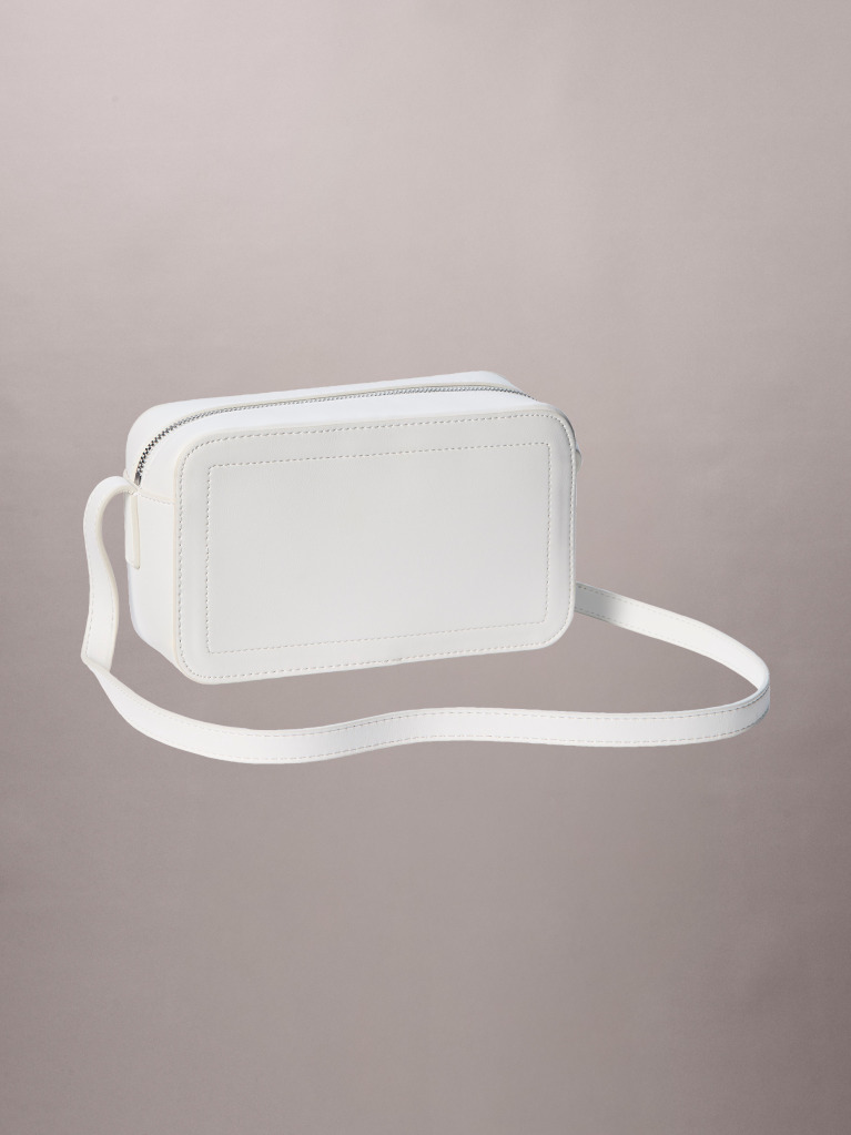 White Embossed Monogram Logo Camera Bag  Women