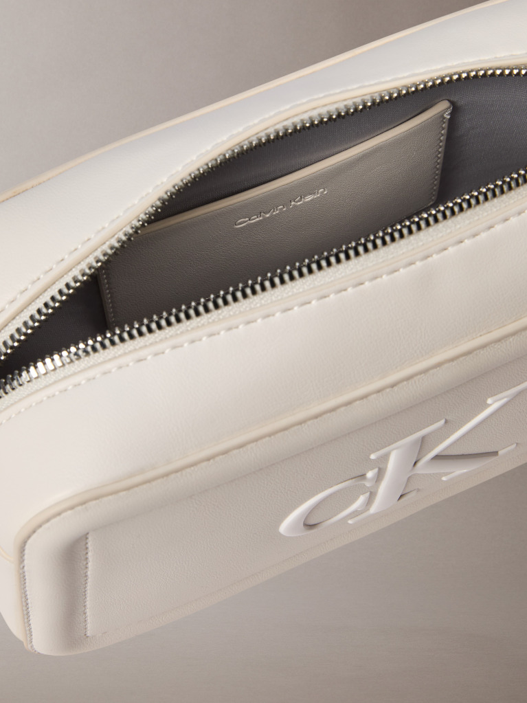 White Embossed Monogram Logo Camera Bag  Women